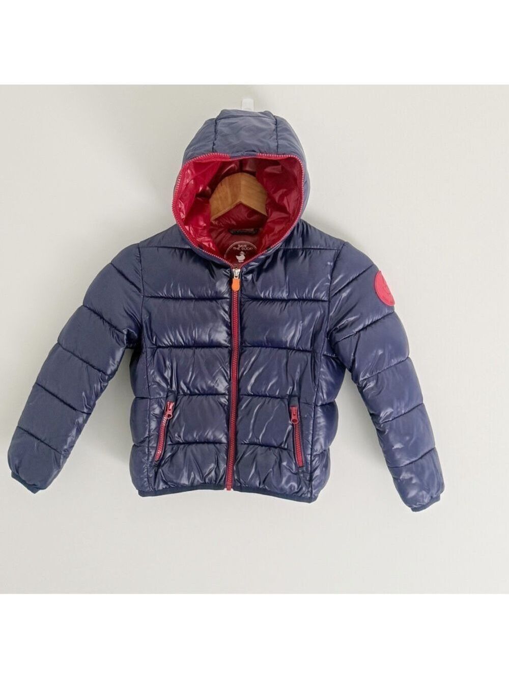 Save the Duck Boy Hooded Winter Puffer Jacket Navy Blue Red Weatherproof Size 6